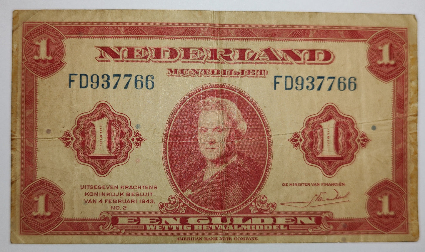 Netherland 1 gulden 1943 P64 used