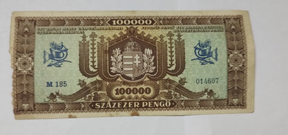 Hungary 100 000 Pengo 1945 (brown) P121 Heavily Used N2 Banknote